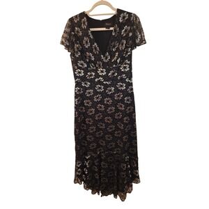 Shoshanna Midnight Black Silver Floral Lace V-Neck High Low Midi Dress Size 10